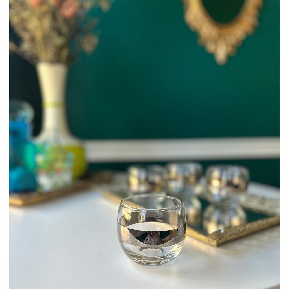 Set of 4 Vintage Lowball Glasses with Silver Band & Etched Images